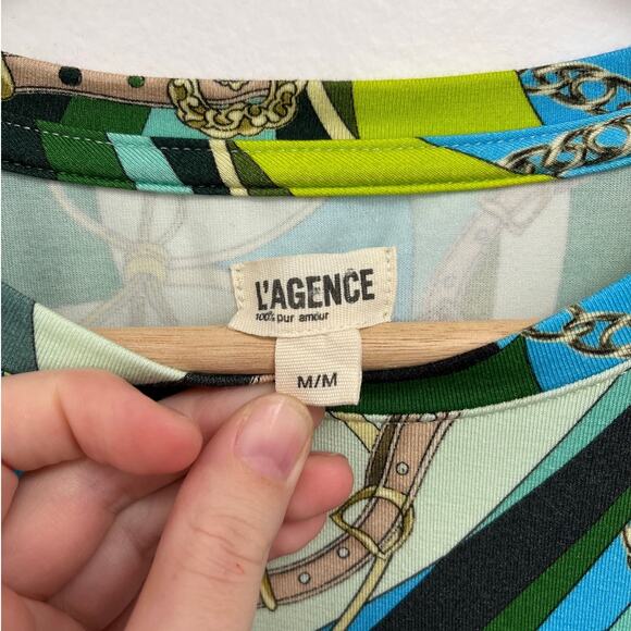 L’Agence Ressi Sea Green Equestrian Belt Swirl Colorful Print Luxury T-Shirt Med - Picture 6 of 11